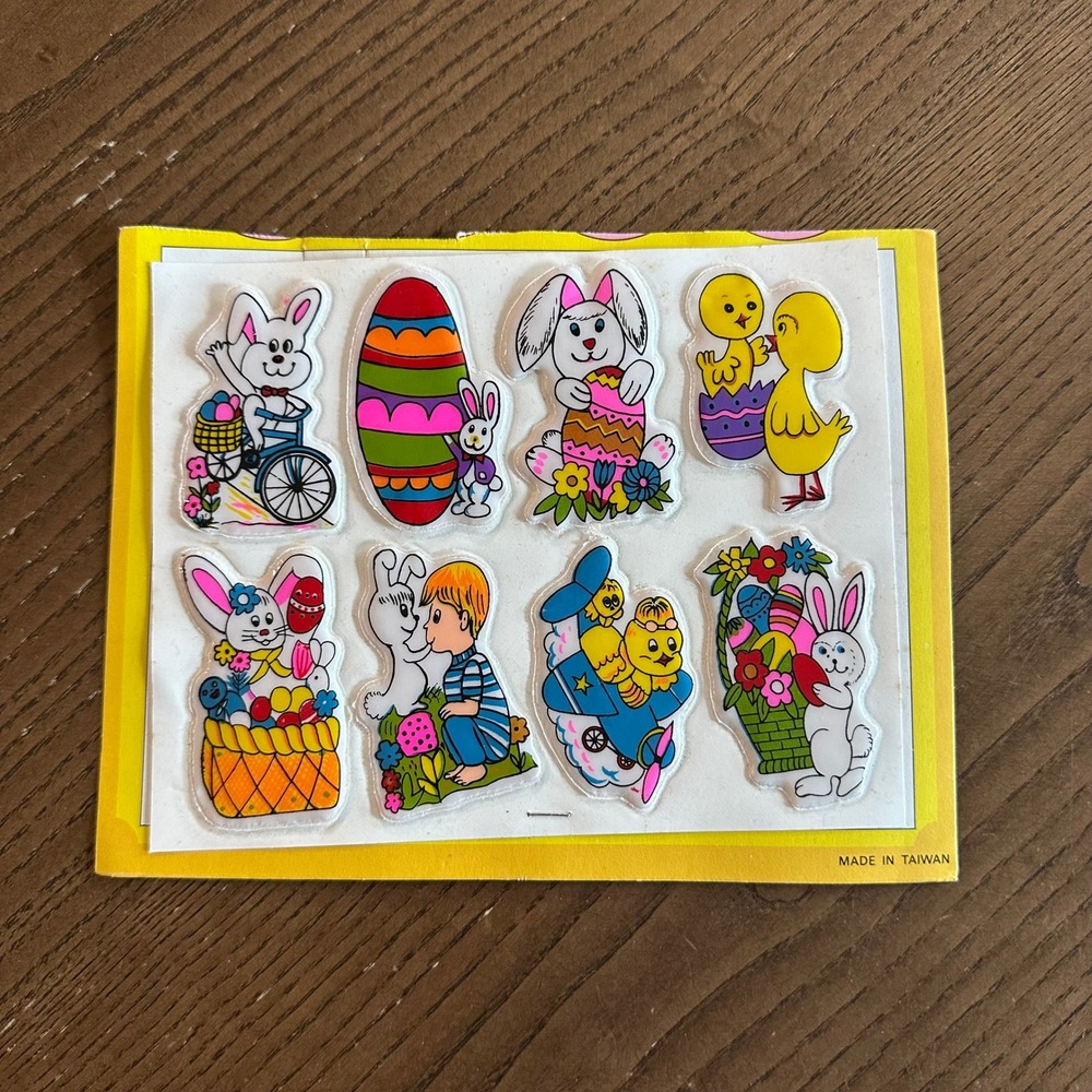 Vintage Easter Puffy Stickers Sheet 80s Retro Bunnies Chicks Eggs Made in Taiwan